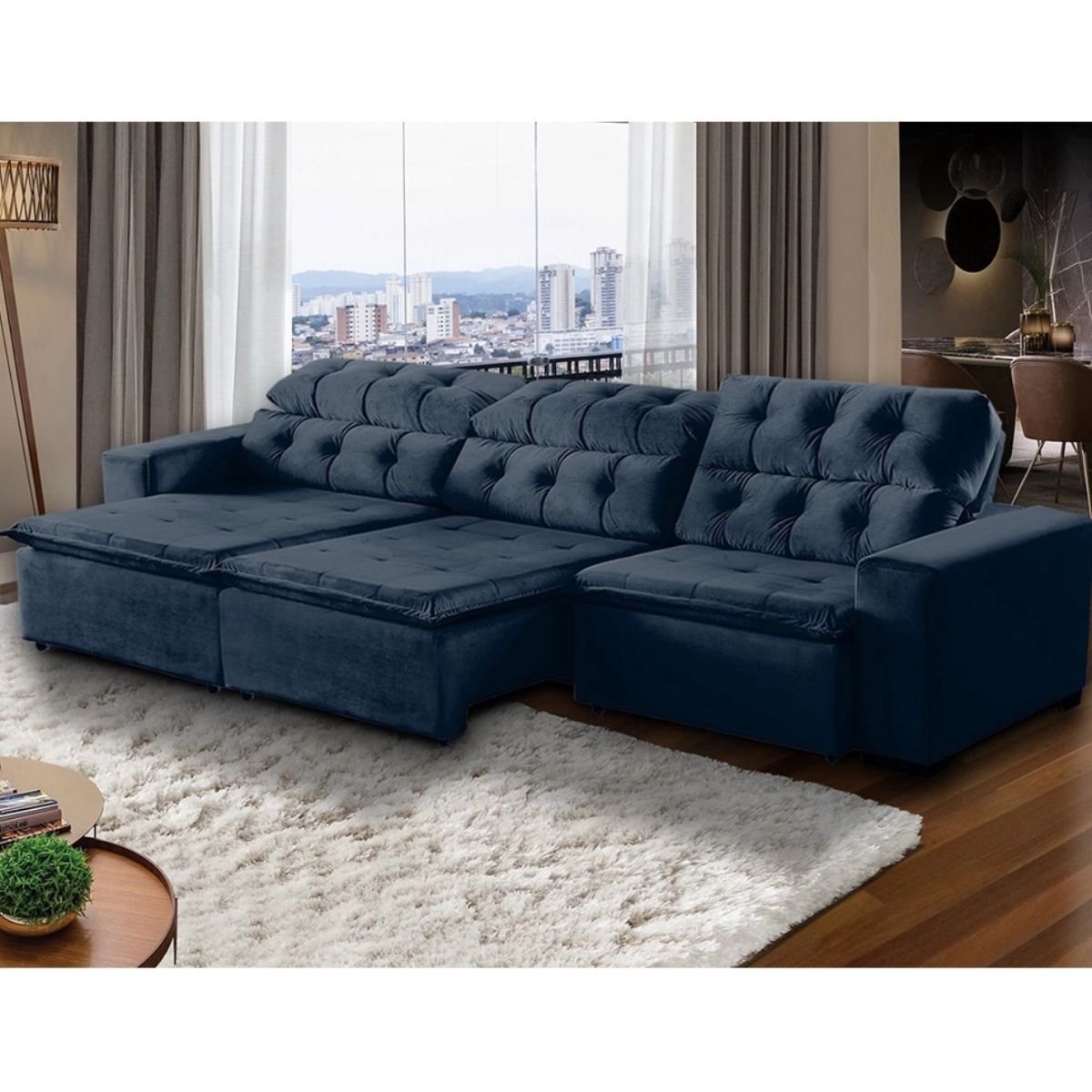 Sofá Retrátil Reclinável 6 Lugares 320cm com Pillow Veludo Azul Alasca Megasul