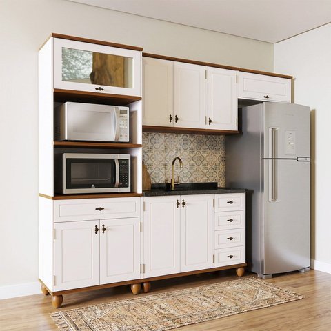 Cozinha Compacta Modulada 4 Peças Madeira Maciça Linha Joy Branco/Off White/Nogueira