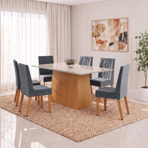 Conjunto Sala de Jantar Mesa Dora 160cm Tampo MDF e Vidro Canto Reto 6 Cadeiras Flavia