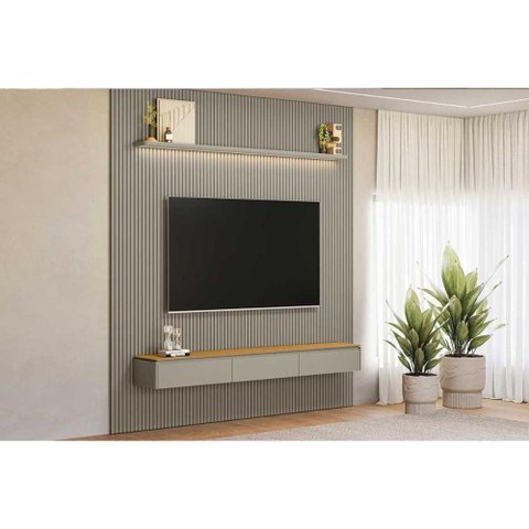Rack Bancada C/ Painel P/ Tv até 90 Pol Modular 2.6 Ripado 2 Portas 1 Prat. 258x250cm Tauari/gris
