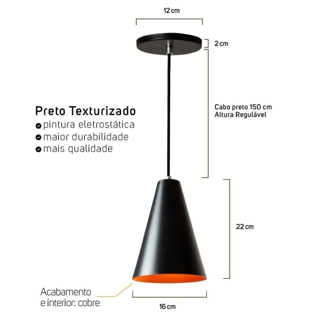 Kit 3 Lustre Pendente Cone Preto para Mesa de Truco - 2