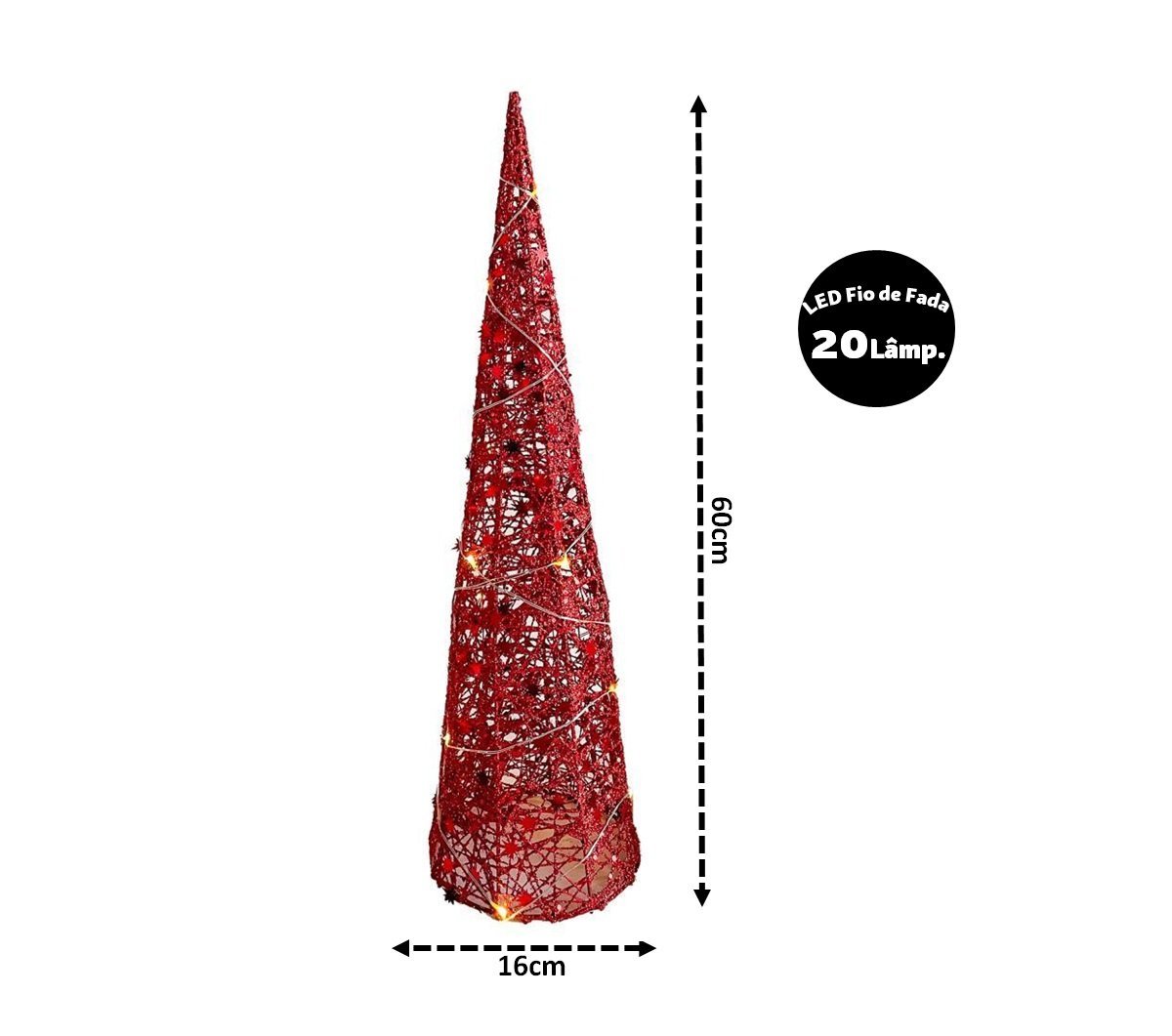 Árvore Cone Cotton Glitter Vermelho Iluminada Fio de Fada LED 20 Lâmpadas à Pilha 60cm - Magizi - 5