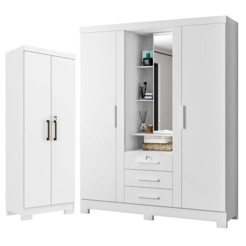 Guarda Roupa Solteiro Capelinha Premium 3 Portas com Armário Multiuso Max Plus Branco-Zanzini