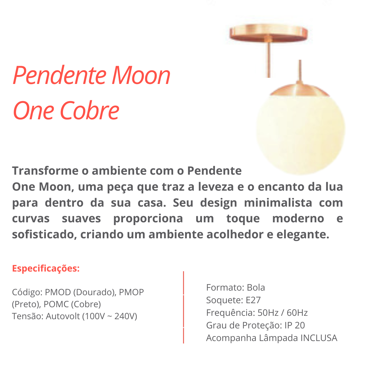 Pendente Lumanti Moon One Cobree-27 + Lampada Bulbo Galaxy Bq E27 7w - 5