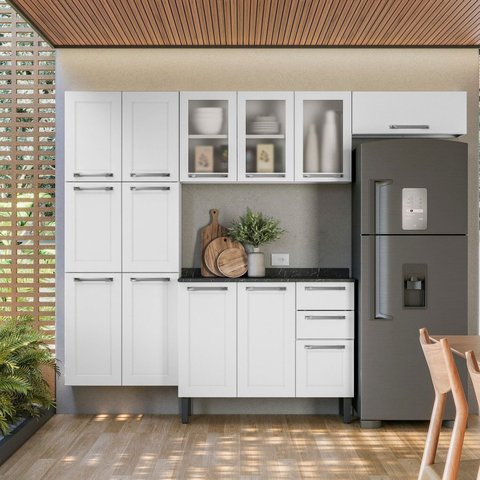 Cozinha Modulada Compacta em Aço 4 Peças 13 Portas Sendo 3 com Vidro 2 Gavetas Florença Itatiaia Branco/Neve