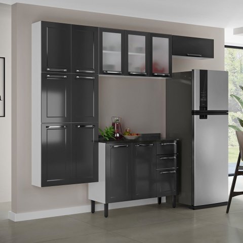 Cozinha Modulada Compacta em Aço 4 Peças 13 Portas Sendo 3 com Vidro 2 Gavetas Florença Itatiaia Cinza/Branco/Grafite