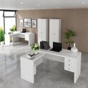 Ver imagem 1 de Conjunto 4 Peças com 2 Mesas Escritório em L e 2 Armários Multiuso Branco
