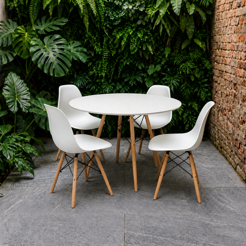 Conjunto de Mesa e Cadeiras Eames Branco Base de Madeira Tampo Redondo de 70cm + 4 Cadeiras