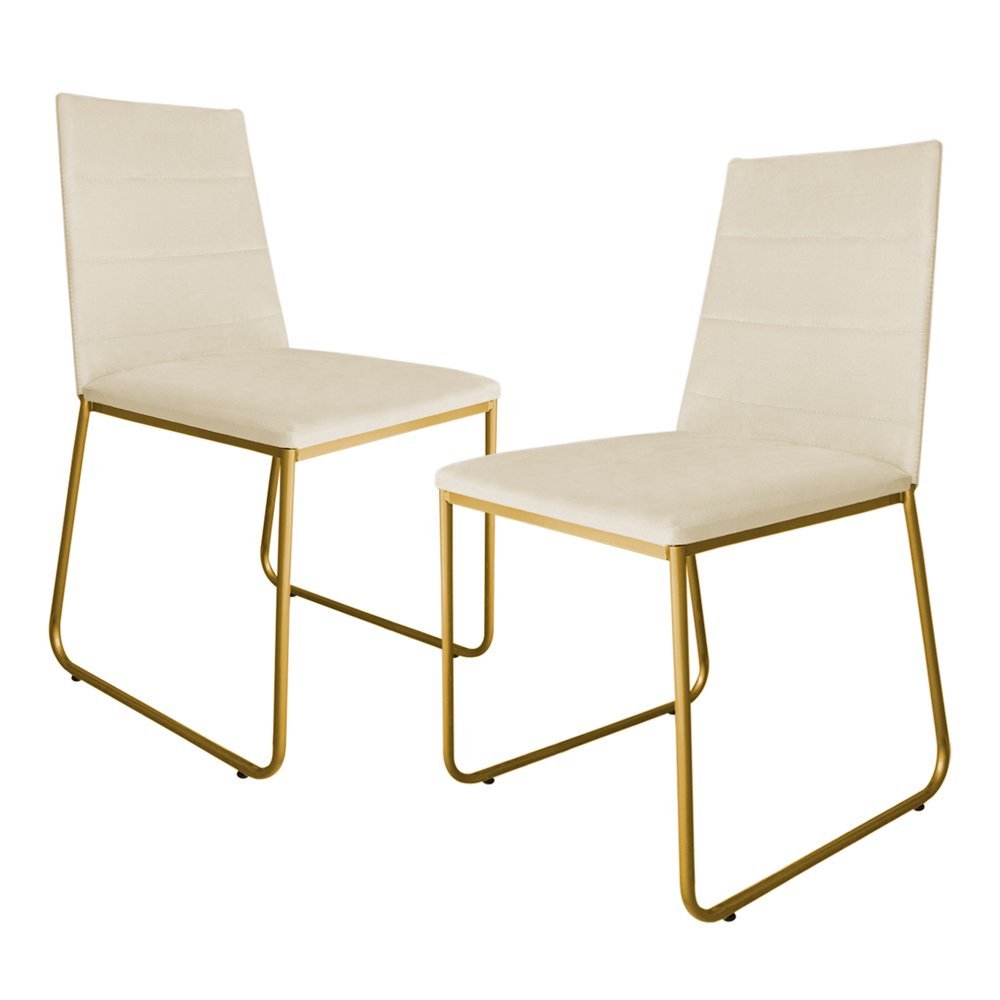 Kit 2 Cadeiras de Jantar Estofada Lille Base Gold Veludo Bege - Montanaris Decor