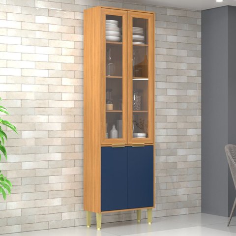 Paneleiro com Vidro 4 Portas Domus Espresso Móveis Marrom Nogal/Royal