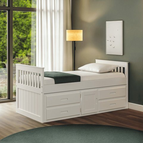 Cama Solteiro com 04 Gavetas e 01 Porta Funcional de Madeira Maciça - Branco
