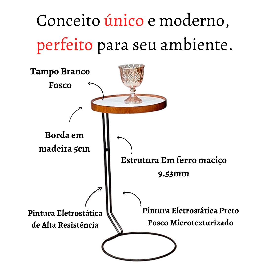 Mesa Lateral Apoio Redonda Sala Estar Canto Sofá Auxiliar:Tampo Branco Ferragem Preta - 2