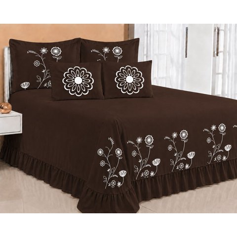 Kit Cobre Leito Casal Queen Encanto 07 Peças Bordado Colcha - Marrom