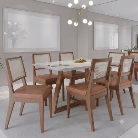 Conjunto de Jantar Mesa com Vidro Bennett 6 Cadeiras Saga - Caramelo