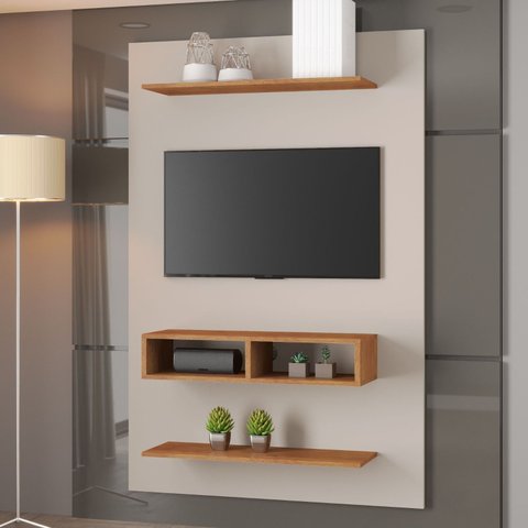 Painel Tv Byte P/tv Ate 50 Polegadas C/ 2 Nichos -2 Prateleiras - Mel/off White