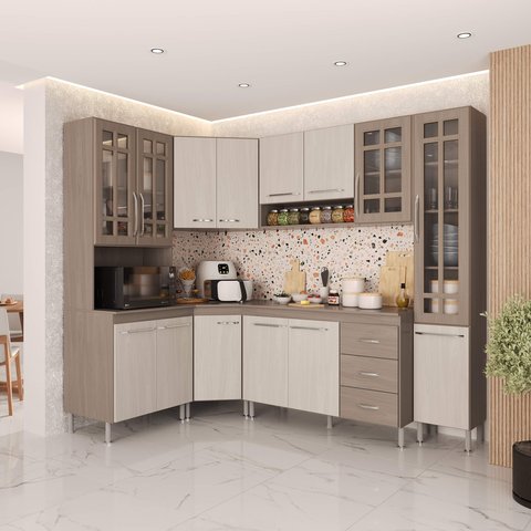 Armário de Cozinha Modulada Completa Fidelitá Paris 6 Peças 375cm 14 Portas 3 Gavetas com Tampo