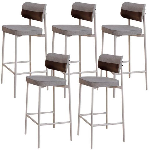 Kit 05 Banquetas Alta Bar Cozinha Sala de Jantar Aço Branco Kaira C01 Linho Cinza Courino Café -