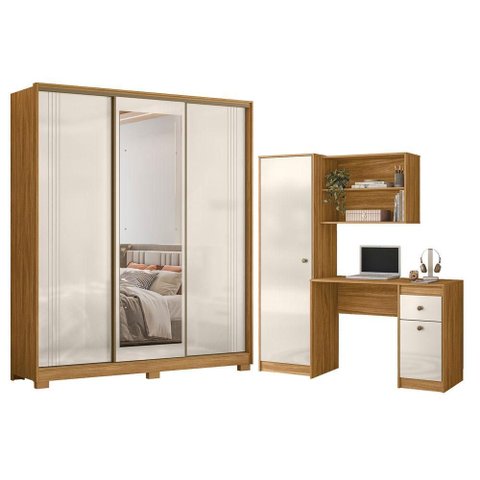 Guarda Roupa Casal Dallas 3 Portas Freijó Off com Espelho com Escrivaninha Multiuso Coimbra Freij