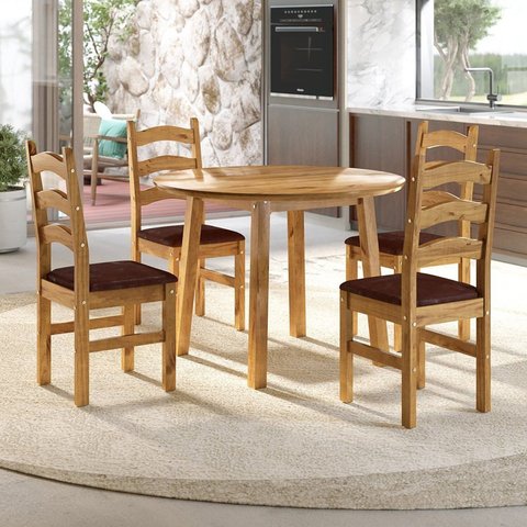 Conjunto Mesa de Jantar 103cm Redonda e 4 Cadeiras Estofadas 100% Madeira Maciça Parit Yescasa Marrom/Nogueira