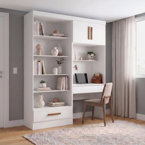 Conjunto Escrivaninha e Livreiro 2 Gavetas com Maleiro Yescasa