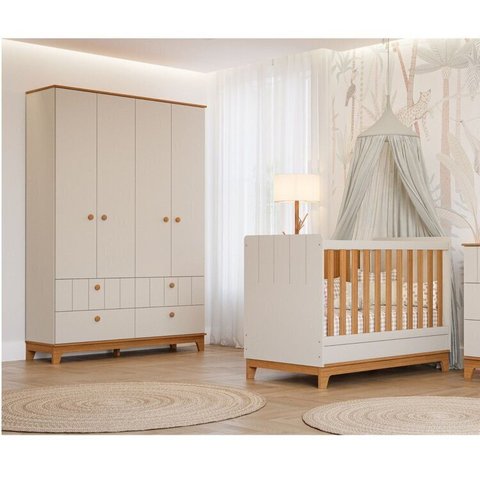 Conjunto Quarto de Bebê 1 Berço 1 Guarda Roupas 4 Portas 4 Gavetas Chantilly Bege/Off White/Nature