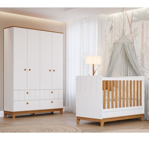 Conjunto Quarto de Bebê 1 Berço 1GUARDA Roupas 4 Portas 4 Gavetas Chantilly Branco/Nature