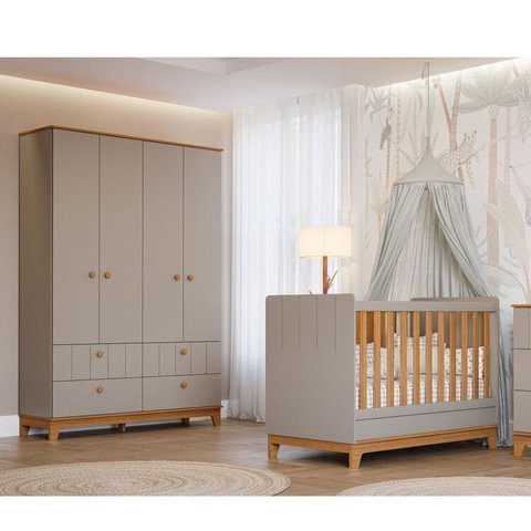 Conjunto Quarto de Bebê 1 Berço 1 Guarda Roupas 4 Portas 4 Gavetas Chantilly Bege/Fendi/Nature
