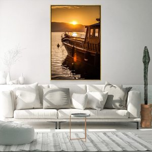 Quadro Decorativo Realista Barco Por do Sol Com Moldura e Sem Vidro 90X140