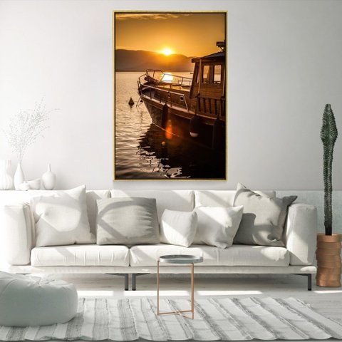 Quadro Decorativo Realista Barco Por do Sol Com Moldura e Sem Vidro 90X140