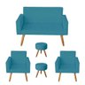 Kit Sofá 2 Lugares e 2 Poltrona Para Sala Lina e 2 Puff Sófia Suede Azul Turquesa - Móveis Mafer - 1