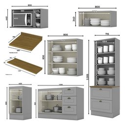 Cozinha Completa Americana 7 Peças com Cristaleira Cinza - Móveis Henn - 3