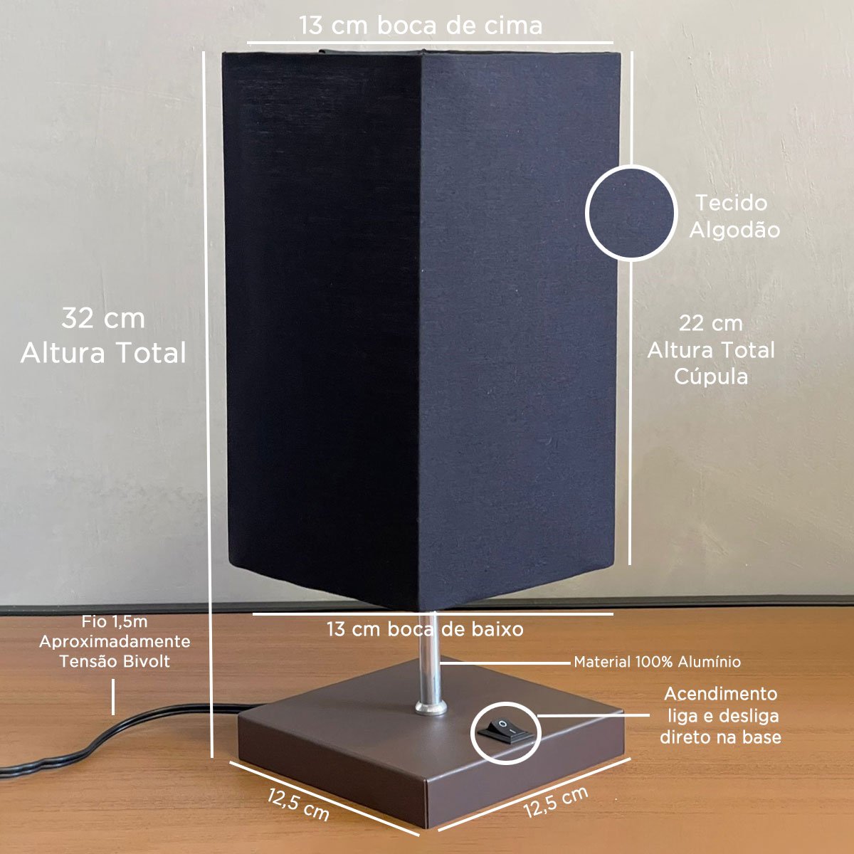 Kit 2 Abajur de Quarto Cabiceira Alumínio Quadrada + Cúpula Tecido Algodão E27 Bivolt - Marrom Cup P - 2