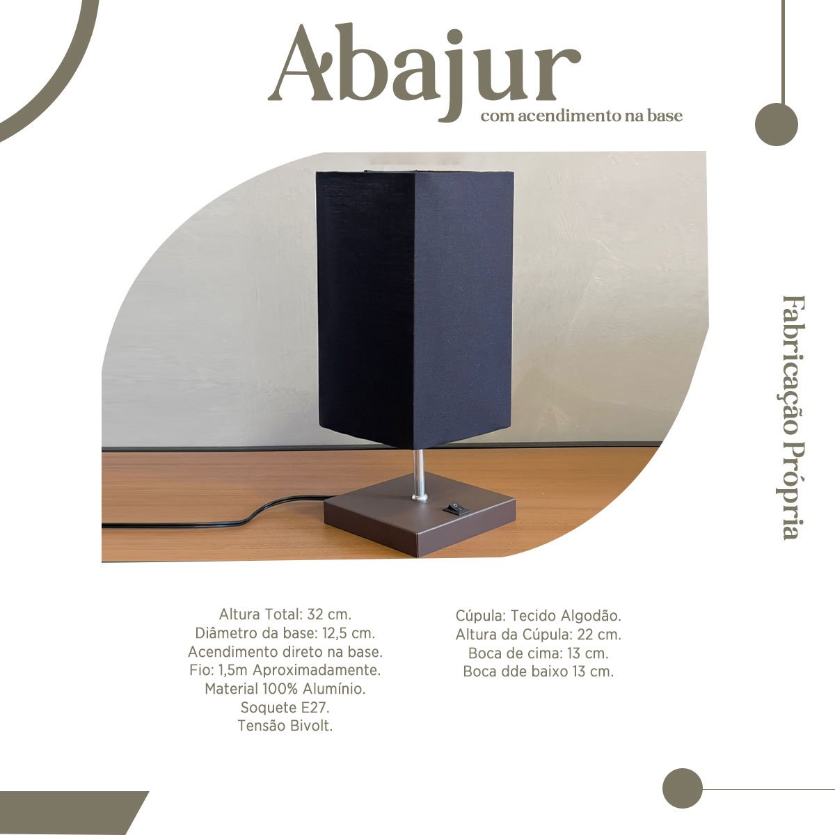 Kit 2 Abajur de Quarto Cabiceira Alumínio Quadrada + Cúpula Tecido Algodão E27 Bivolt - Marrom Cup P - 4