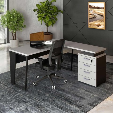 Mesa em L Mesa L com Gaveteiro 4 Gavetas 150cm Cinza Sagrado com Preto F5 Office