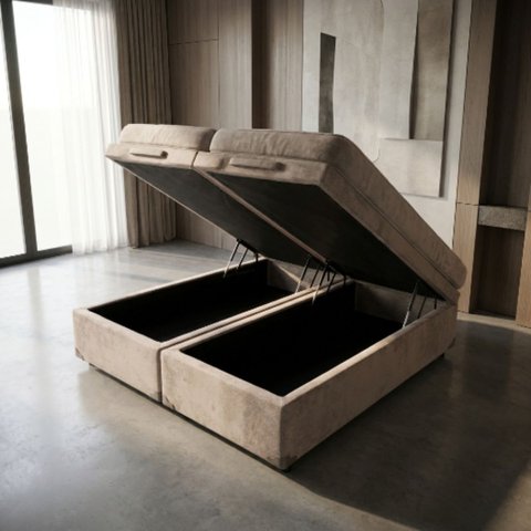 Base Cama Box Baú Premium Revestida em Linho King:Bege