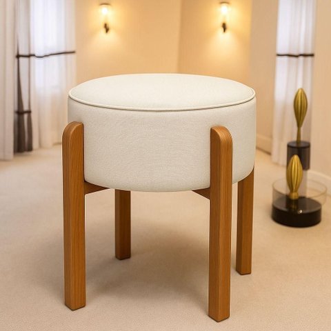 Puff Banqueta Redondo Pés de Madeira Luxo Lar & Estilo Bege
