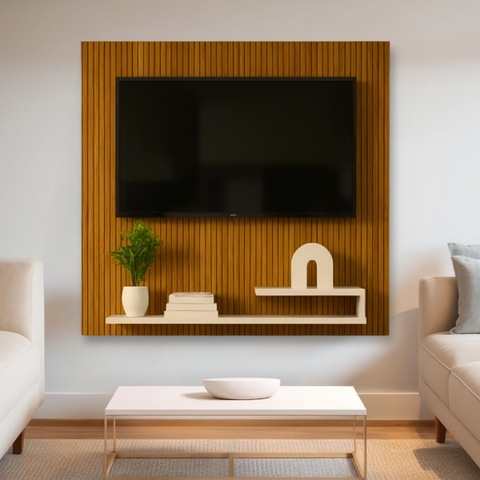 Painel Ripado 3D Off-White com Prateleira TV 32 Polegadas Estilo Moderno Rack Estante Suspenso MDF