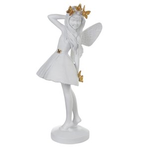 Escultura Decorativa Poliresina Fada Branco e Dourado 24,5x12x9cm