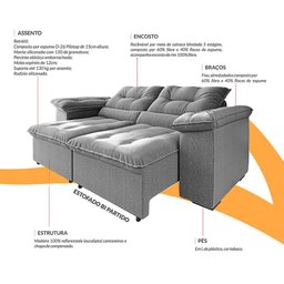 Estofado Barcelona 2.10m Retrátil e Reclinável Galego Home - Cinza - 2