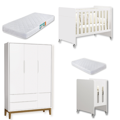 Quarto de Bebê Berço Evolution + Guarda Roupa Infantil 3P e 2g Branco Classic 02 Colchoões