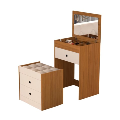 Penteadeira com Gavetas Espelho e Banqueta Branca Olivia Mdf:nature