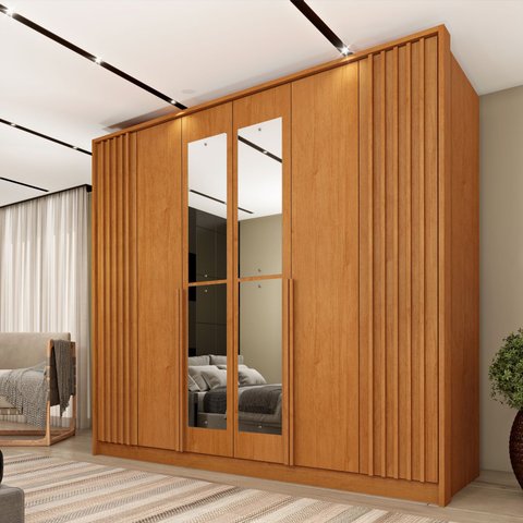 Guarda Roupa Casal 6 Portas Ripado 4 Gavetas 244cm Nova York com Espelho Yescasa Marrom/Cinamomo