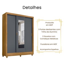 Guarda Roupa Casal Bolívia Espelho 3 Portas de Correr Freijó Cinza Moval - 6