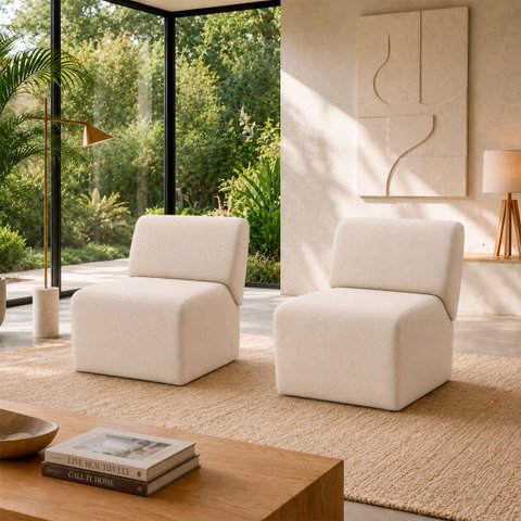 Kit 2 Poltronas Decorativas Zoe Orgânicas Modernas Sala Recepção Luxo Linho Premium Easy Clean Bege