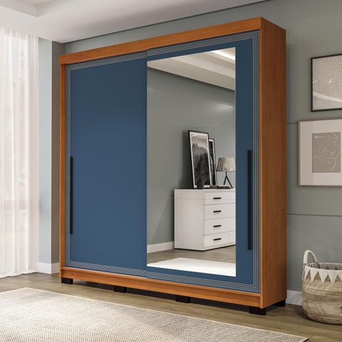 Roupeiro Valência 2 Portas Correr com Espelho 177x213cm Freijó/Azul 240853