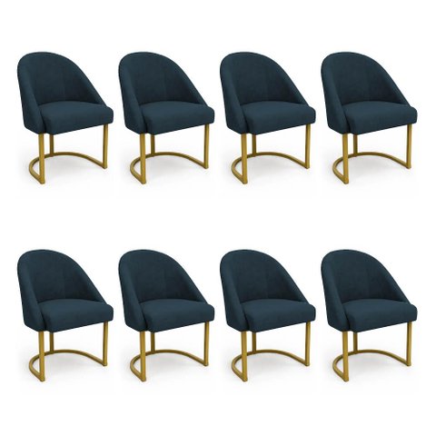 Kit 08 Cadeiras Poltrona de Jantar Lua Veludo Azul Marinho Base Ferro Dourado Dal Poz Estofados