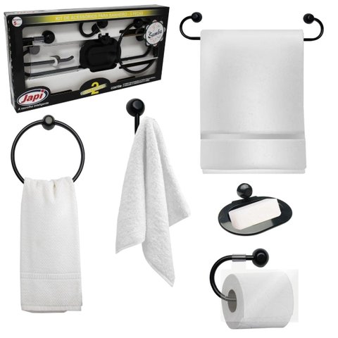 Assento Tampa Vaso Sanitário Oval Almofadado Branco + Kit Para Banheiro 5 Peças Preto