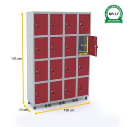 ROUPEIRO DE AÇO 4M 16 PORTAS FECHADURA PANDIN - CINZA/VERMELHO - 2