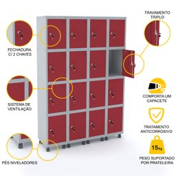 ROUPEIRO DE AÇO 4M 16 PORTAS FECHADURA PANDIN - CINZA/VERMELHO - 3