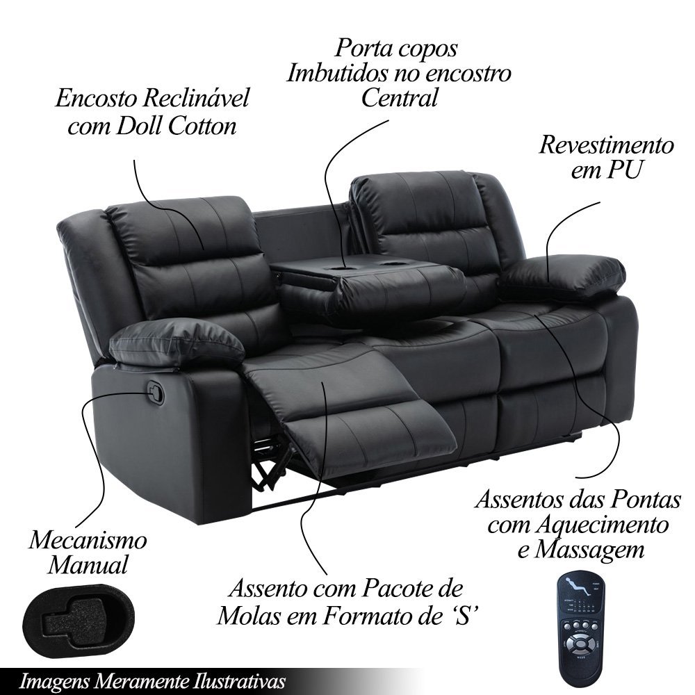 Poltrona Reclinável Manual de Cinema Hollywood 3 Lugares Porta Copos/massagem/aquecimento Pu Preto G - 3